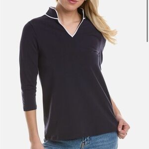 Duffield Lane Terry Tunic Navy Blue Mock Collar Vneck 3/4 Sleeves Sz M